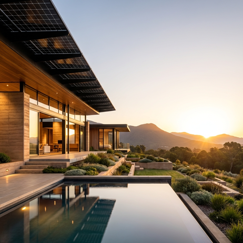 Modern sustainable home with solar panels